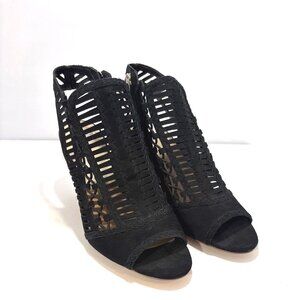 Black Peep-Toe Laser-Cut Heeled Sandals With Back Zippers & Wooden Cone Heels